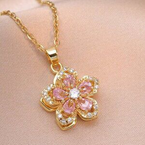 Pink Flower Pendant Necklace Rotating Spinner CZ Crystal Statement Gift Jewelry